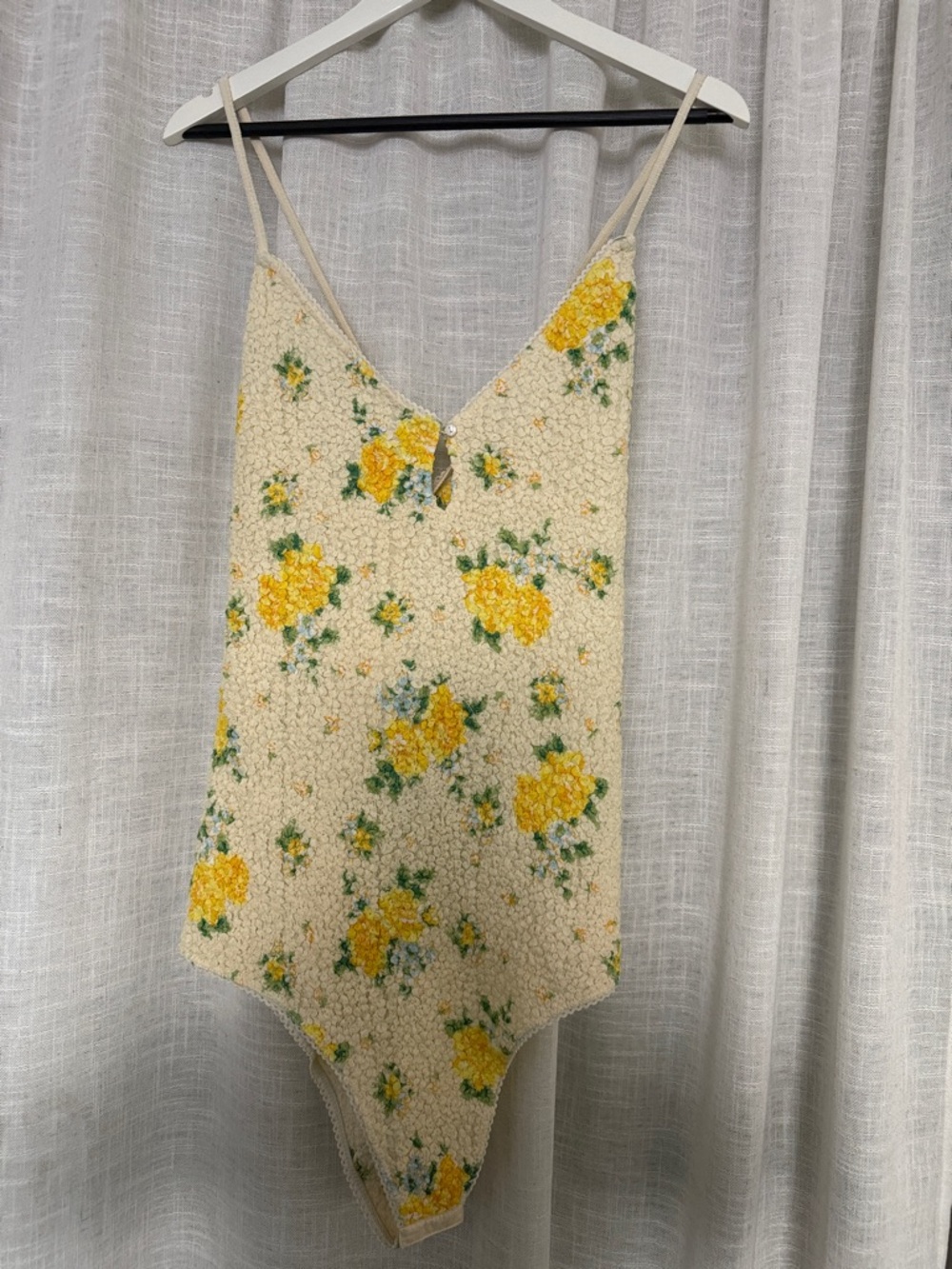 Free People Cream Floral Textured V‑Neck Bodysuit with Yellow Blooms